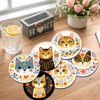 6pcs Abstract Cat Pattern Coaster Set, Tea Cup Mat, Water Cup Pad, Wine Glass Coaster, Coffee Cup Mat, Round Absorbent Silica Gel Coasters, Home Decor, Party & Tableware Gift Set, Suitable For All Seasons
