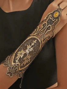 1Pc Golden Rhinestone Black Gothic Glove Steampunk Lace Cuff Fingerless Glove Arm Warmer Bracelet - Gold - View 6