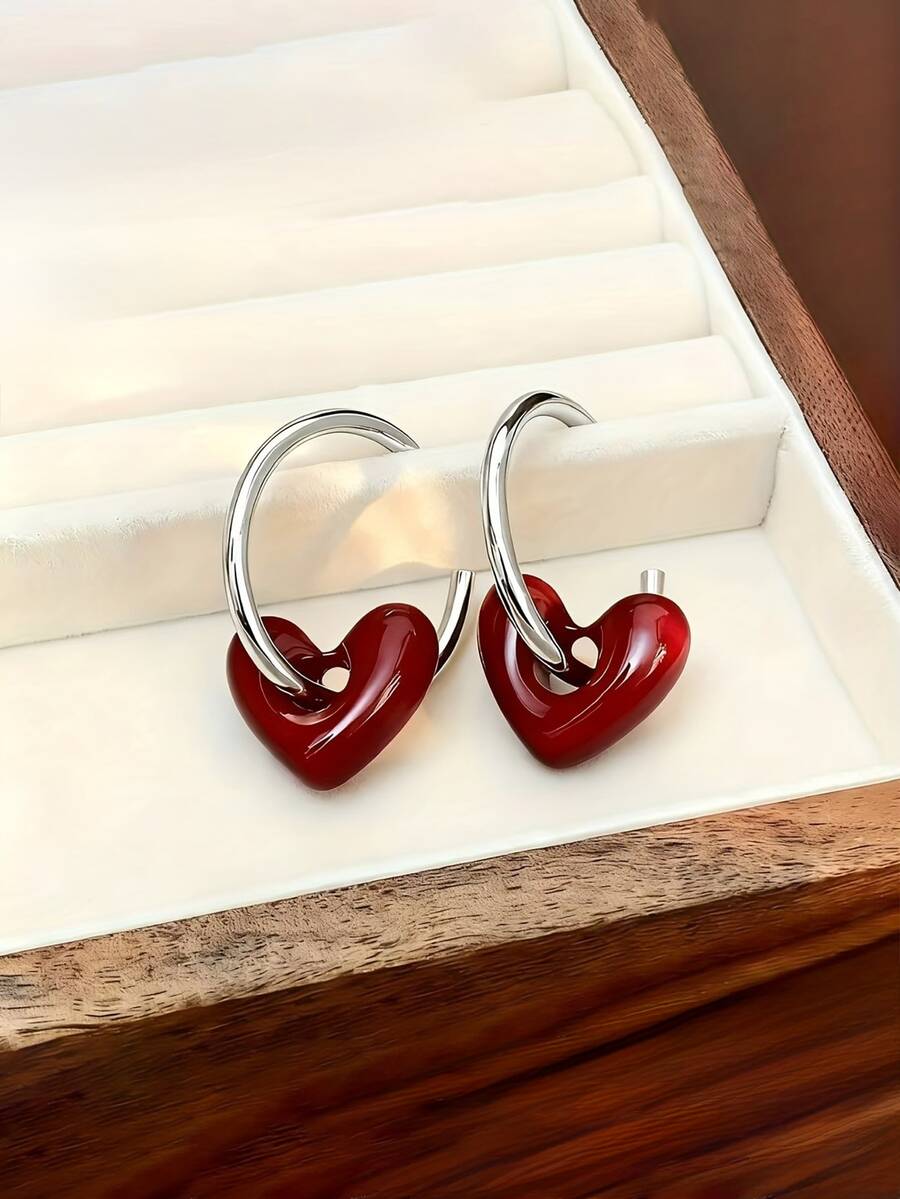高品质不锈钢低过敏性心形耳环，不易褪色，舒适百搭，简约优雅，适合日常佩戴或参加派对，时尚饰品，女士耳环，周年纪念日，送给她的贴心礼物 - 酒紅色 - 查看 1
