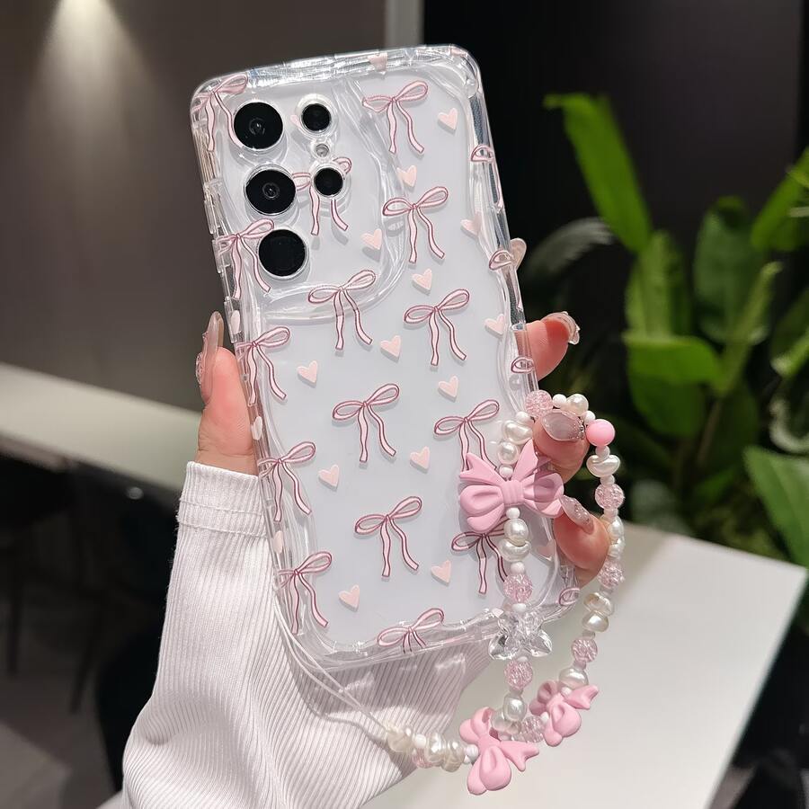 1pc Ins Style Cream Texture Full-Screen Heart & Bow Knot + Bow Lanyard, Fashionable Perforated Anti-Fall Phone Case, Suitable For IPhone 11 12 13 14 15 16 17 Series, Suitable As Gift For Family, Friends, Holidays - Clear - View 1