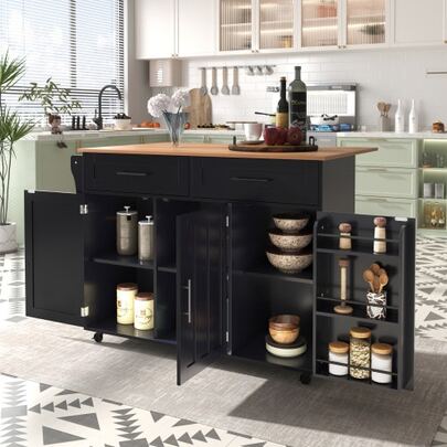 129x46 (71) X91.5 Cm Black Large Dining Trolley, Dining Room Cabinet, Solid Wood Countertop, Folding Countertop, Storage Door With Wheels / Solid Wood Legs, Ideal For Home Use.