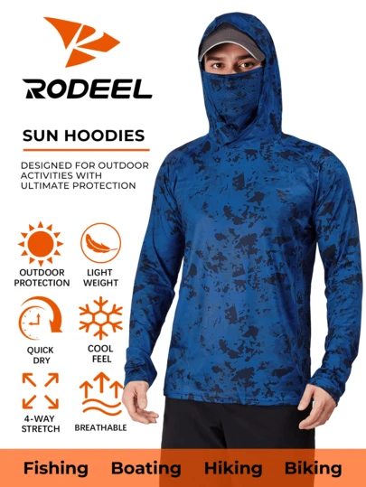 RODEEL Men's Hooded Outdoor Sports Sun Protection Clothing With Mask Neck Guard High Performance Fishing Shirt Camouflage Print Raglan Sleeves Sweat-Wicking Quick-Drying Breathable Long Sleeves Suitable For Beach, Boating, Hiking, Hunting, Water Sports