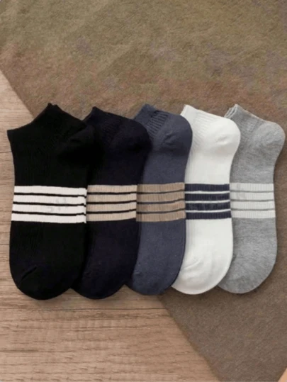 5 Pairs Random Assorted Men's Short Socks, Summer Sports Breathable Odor-Resistant Ankle Socks, Thin Low-Cut Cotton Socks For Spring/Summer