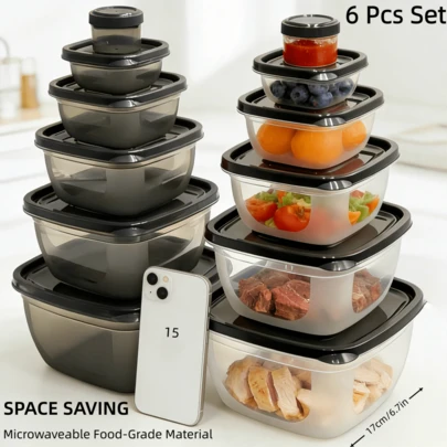 12件套北欧极简厨房食品储物盒套装 | 欧盟认证 | 防漏可重复使用密封盖 | 多种尺寸午餐和零食盒（6+6） | 可堆叠，方便收纳 | 适用于备餐、返校、办公和度假