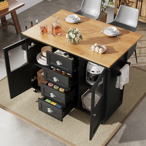 Kitchen Island Table, Cabinet, Dining Room Cabinet, Dimensions 120x73 (45) X 93 Cm, Retractable Kitchen Trolley With Wheels, Towel Rack, Seasoning Rack, Adjustable Laminate, Four Drawers With Two Doors, White/Black - Black - View 1