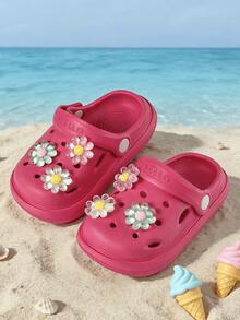 Kids Red Jelly Flower EVA Clogs, Adjustable Heel Strap 2-Way Summer Beach Sandals - Red - View 5