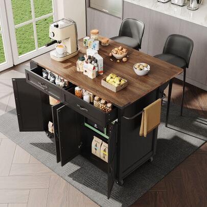 Kitchen Island Table, Dining Cart With Pull-Out Countertop, Cabinet, Kitchen Cart, Kitchen Island Table Cart, Four-Door, Two-Drawer Dining Cart, Dining Cart With Wood Finish, Black