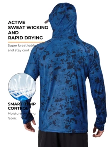 RODEEL Ropa deportiva para exteriores con protección solar y capucha para hombres, con máscara y protección para el cuello. Camisa de pesca de alto rendimiento con estampado de camuflaje, mangas raglán, transpirable y de secado rápido, ideal para la playa, navegación, senderismo, caza y deportes acuáticos en primavera. - Azul - Ver 3