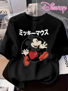 Authentic Disney T-Shirt Featuring The Classic Mickey Mouse Character Against A Black Circular Background. New Summer Style Short-Sleeved Disney T-Shirt For Women, Casual And Fashionable Printed. - Black - View 1