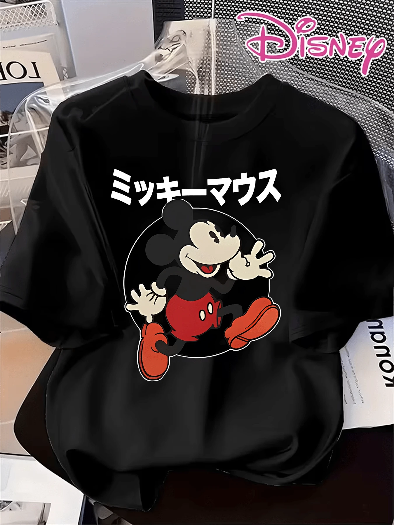 Authentic Disney T-Shirt Featuring The Classic Mickey Mouse Character Against A Black Circular Background. New Summer Style Short-Sleeved Disney T-Shirt For Women, Casual And Fashionable Printed. - Black - View 1