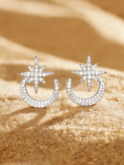 1pc S925 Silver Luxury Sparkling Cubic Zirconia Star & Moon Shaped Earrings, Suitable For Women's Party, Banquet, Date Wear, Brand Jewelry