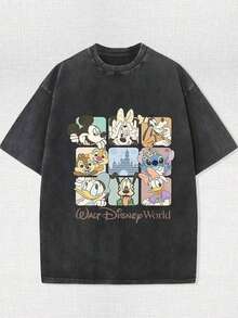 Disney Mickey And Friends 2026 Travel Theme Summer T-Shirt, Distressed Effect, One-Piece Design, Pure Cotton Fabric, Comfortable And Breathable, Casual Outdoor Street Style, Crew Neck; High-Quality Fashion Brand, Suitable For Everyday Wear, Shopping, Parties And Gatherings. It Is Also Great For Everyday Wear And As A Gift. - 黑色 - 查看 1