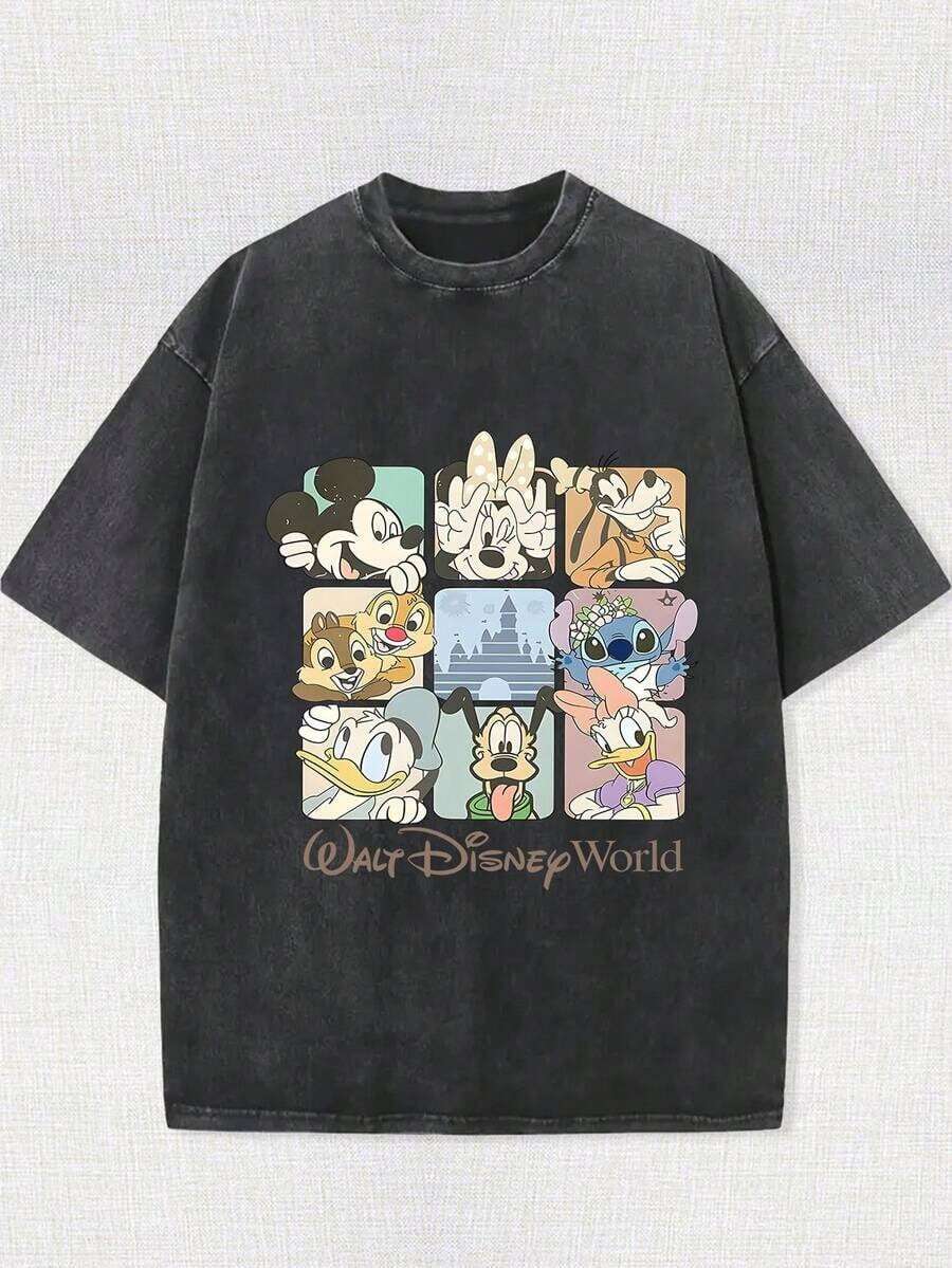 Disney Mickey And Friends 2026 Travel Theme Summer T-Shirt, Distressed Effect, One-Piece Design, Pure Cotton Fabric, Comfortable And Breathable, Casual Outdoor Street Style, Crew Neck; High-Quality Fashion Brand, Suitable For Everyday Wear, Shopping, Parties And Gatherings. It Is Also Great For Everyday Wear And As A Gift. - 黑色 - 查看 1