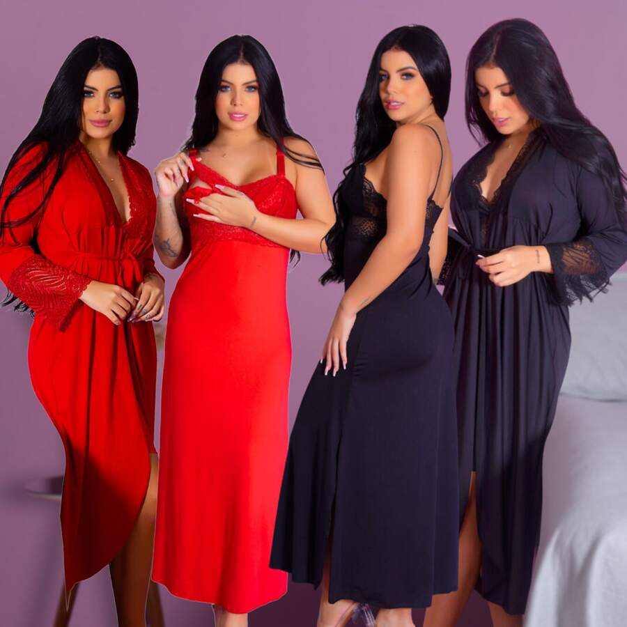 Maternity Kit With 2 Long Nightgowns And 2 Long Robes. - Merah, Hitam - View 1
