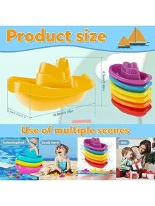 6pcs/Set Kids Swimming Pool Bath Stacking Boat Toys, Summer Water Game Stacking Toys, Outdoor Beach Water Toys, Children's Gift (Random Boat Color), Swimming Pool Toys, Kids Toys, Water Toys, Water Table Toys, Bath Tub Boat Toys, Beach Toys - Multicolor - View 3
