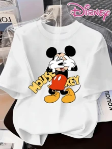 The Classic Cartoon Image Of Mickey Mouse Covering His Mouth To Be Quiet, Paired With The Disney Logo And The Disassembled And Reassembled "MOUSE KEY" Lettering, Is A New Summer Disney Short-Sleeved T-Shirt For Women, Casual, Fashionable, Printed, And Elegant. - 白色 - 查看 1