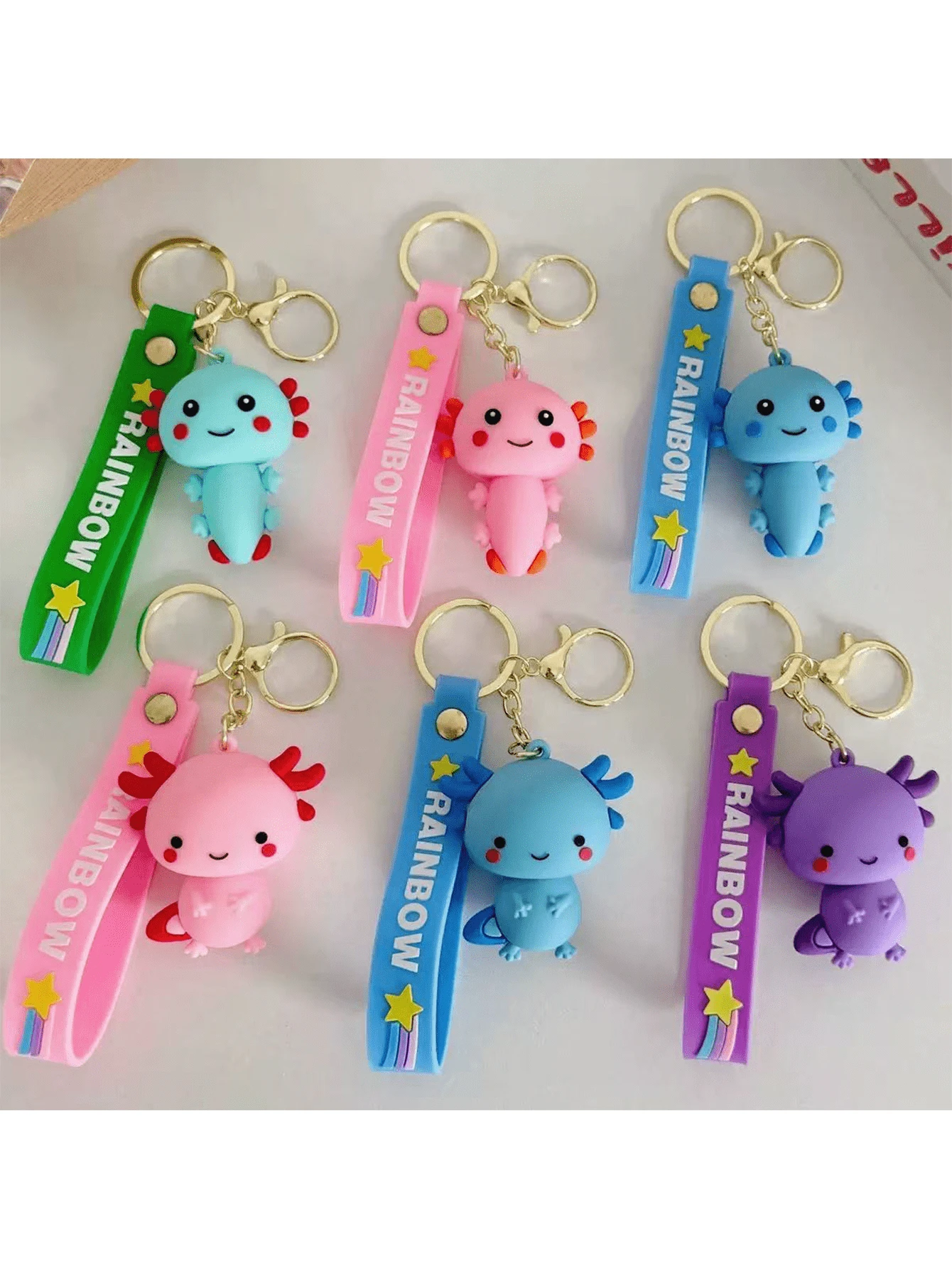 Hexagon Dinosaur Cartoon Cute Keychain Pendant, Couple Axolotl Figurine PVC Keychain Plush Doll Gift - Multicolor - View 1