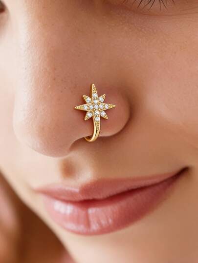 1Pc 925 Sterling Silver Bohemia Eight-Pointed Star Cubic Zirconia Nose Ring Small And Light Lip Ring Piercing Jewelry Hypoallergenic Pure Silver Suitable For Women'S Daily Wear, Parties, And Banquet Occasions