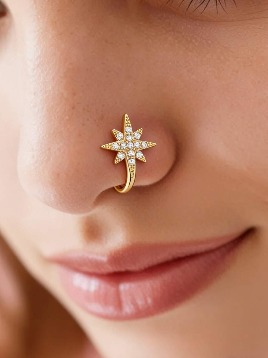 1件925纯银波西米亚八角星立方氧化锆鼻环，小巧轻便，唇环，穿孔饰品，低过敏性纯银材质，适合女性日常佩戴、派对和宴会场合。 - 金色 - 查看 1