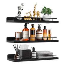 Modern Floating Shelves, Set Of 3 Floating Shelves With Metal Railing For Wall Decoration, Rustic Wall-Mounted Shelf Suitable For Bedroom, Bathroom, Kitchen, Living Room, Plants, Photo Frames, Art - 黑色 - 查看 1