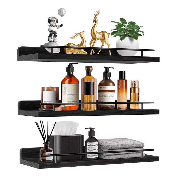 Modern Floating Shelves, Set Of 3 Floating Shelves With Metal Railing For Wall Decoration, Rustic Wall-Mounted Shelf Suitable For Bedroom, Bathroom, Kitchen, Living Room, Plants, Photo Frames, Art - Black - View 1