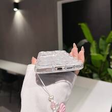 1pc Ins Style Cream Texture Full-Screen Heart & Bow Knot + Bow Lanyard, Fashionable Perforated Anti-Fall Phone Case, Suitable For IPhone 11 12 13 14 15 16 17 Series, Suitable As Gift For Family, Friends, Holidays - Clear - View 4