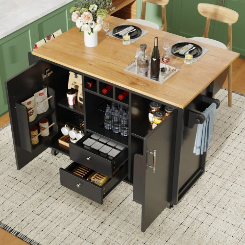 Kitchen Island Dining Table Cabinet, Dimensions 120 X 73 (45) X 92 Cm, Includes Kitchen Cabinet, Kitchen Trolley, Folding Worktop, Towel Rack, Spice Rack, Wine Rack And Adjustable Laminate, White/Black - C - View 1