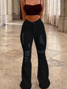 Jeans acampanados de talle medio para mujer, pantalones acampanados de mezclilla elástica sexy con dobladillo crudo rasgado, pantalones de moda casual - Negro 1 - Ver 1