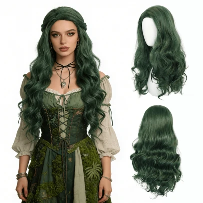 Y2K Sweet & Cool Forest Green Long Curly Wig, Natural Middle Part, K-Pop Girl Group Style Wigs For Ladies, Ideal For Cosplay & Daily Use