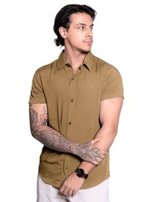 Kit 3 Men's Short Sleeve Linen Shirts Viscolinho Fresca Social Fashion Elegant Italian Collar - Kem/Nâu/Xanh lá - Xem 3