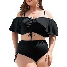 Plus Size Bikini- Black Off Shoulder Ruffle Swimsuit For Women, Drawstring Swimwear, Adjustable Two Piece Bathing Suit,& Larger Sizes - Multicolor 1330 - View 4