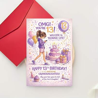 Tarjeta de felicitación + 1 sobre 1 pieza Tarjeta de felicitación para abuelos para dar a su nieta en su 13er cumpleaños celebrando el comienzo de la vida adolescente