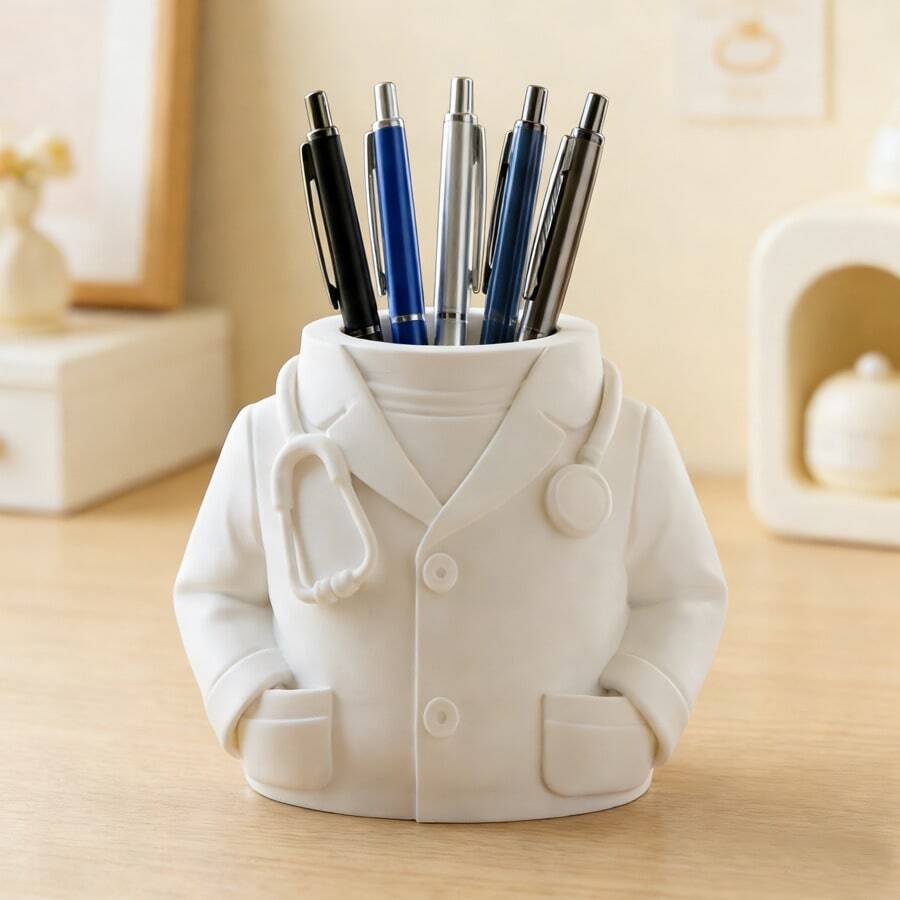 Creative Doctor's White Coat Pen Holder Desktop Storage Box, Durable PLA Plastic Pen Case, Makeup Brush Organizer, Dorm & Office Supplies - Star - View 1