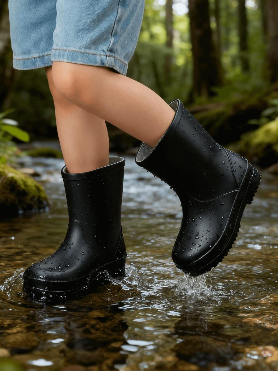 女童時尚簡約可愛黑色雨靴,適合雨天釣魚與娛樂,舒適軟底防水鞋,低筒溪流涉水鞋 - 黑色 - 查看 1
