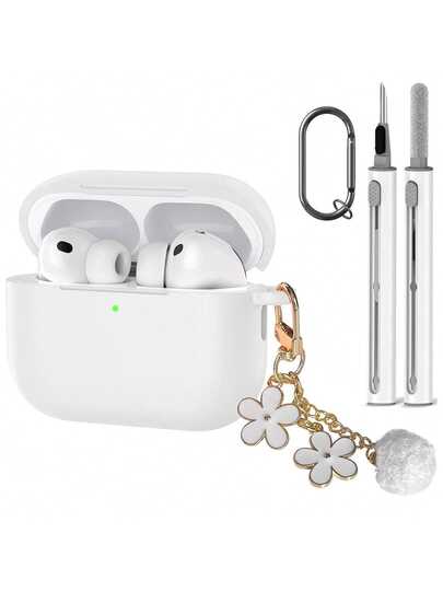 1 Set Apple Protective Case, Silicone Solid Color Integrated Earphone Cover With Flower Hanging Chain, Carabiner And Cleaning Brush, Suitable As Gift