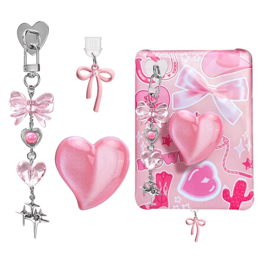 3pcs Metal Decorative Accessories Set Suitable For Kindle, Including Type-C/USB-C Dust Plug Pendant, Heart-Shaped Phone Holder, Rhinestone Keychain, Fit For Kindle Paperwhite 11th & 12th Generation - View 1