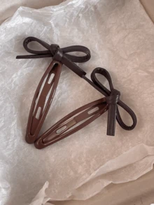 2pcs Brown Leather Bow Minimalist Hair Clips, Versatile Sweet Bangs & Loose Hair BB Clips Hair Accessories - Black 2Pcs - View 6