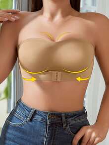 Women's Strapless Bandeau Bra, Button Front Closure NudeFit Seamless Backless Casual Comfortable Wireless Bra, Nude Color - Apricot - View 3