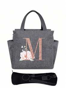 Personalized Initial Recognition Grey Insulated Lunch Bag - Canvas Thermal Lunch Tote, Zipper Closure, Large Capacity Aluminum Foil Lining, Suitable For Work And School Use, Portable Handheld Lunch Bag, Food Cooler Bag, Ideal For Work, School, Travel, And Women's Day Gift. Lightweight Reusable, Splash-Proof, Suitable For Picnics, Office, School And Outdoor Activities - Easy To Clean, Water-Resistant, Compact Design. - Grey - View 30
