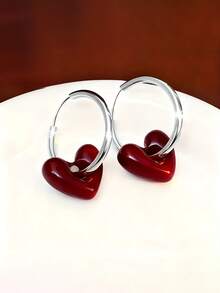 高品质不锈钢低过敏性心形耳环，不易褪色，舒适百搭，简约优雅，适合日常佩戴或参加派对，时尚饰品，女士耳环，周年纪念日，送给她的贴心礼物 - 酒紅色 - 查看 11