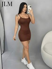 Women's Short Ribbed Fitted Dress With Thin Straps And Round Neckline. Fitted Design, Soft To The Touch, Ideal For Modern Looks And Elegant Evening Wear. - Rust Brown - View 3