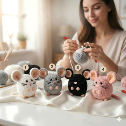 2026 Cute 4 Little Mice Crochet Kit, DIY Crochet Knitting Set, Craft Kit For Beginners With Yarn, Pattern, Step-By-Step Video Tutorial And Instructions