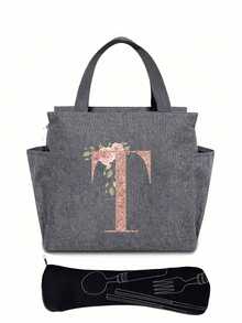 Personalized Initial Recognition Grey Insulated Lunch Bag - Canvas Thermal Lunch Tote, Zipper Closure, Large Capacity Aluminum Foil Lining, Suitable For Work And School Use, Portable Handheld Lunch Bag, Food Cooler Bag, Ideal For Work, School, Travel, And Women's Day Gift. Lightweight Reusable, Splash-Proof, Suitable For Picnics, Office, School And Outdoor Activities - Easy To Clean, Water-Resistant, Compact Design. - Grey - View 41