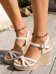 Fashionable Women's Wedge Heel Thick Soled Sandals Solid Color Woven Open Toe Metal Buckle Strap Summer Vacation Beach Shoes - trắng - Xem 5