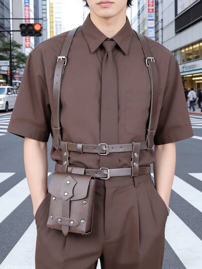 1套复古仿皮背带，带实用收纳袋，Y2K多功能仿皮背带，带腰包