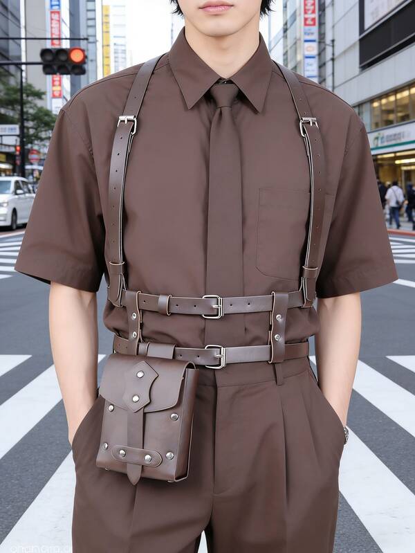 1 Set Vintage Faux Leather Harness With Utility Pouch Y2K Multi-Functional Faux Leather Harness With Waist Pouch