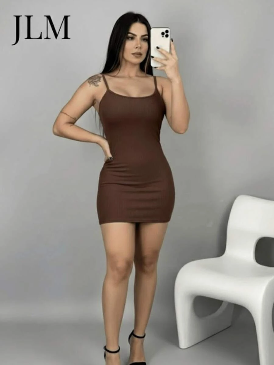Women's Short Ribbed Fitted Dress With Thin Straps And Round Neckline. Fitted Design, Soft To The Touch, Ideal For Modern Looks And Elegant Evening Wear. - Rust Brown - View 1