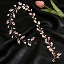 1件手工水晶仿珍珠新娘头饰，长发藤蔓，适用于婚礼、派对、宴会 - 彩色 - 查看 5