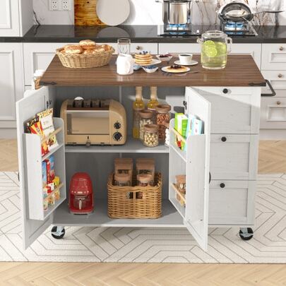Kitchen Island Table, Dining Cart With Retractable Countertop, Cabinet, Kitchen Cart, Dining Cart With Wood Finish, Dining Cart With Two Doors And Three Drawers