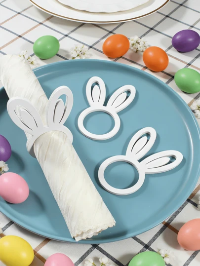 4-12pcs Easter Napkin Rings, Wooden Rabbit Napkin Rings, Handmade White Rabbit Napkin Ring Holders, Wooden Rabbit Ear Set Farmhouse Napkin Rings For Easter Decoration, Dinner, Wedding, Party